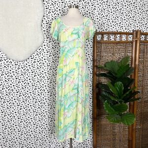 Jams World | Vintage Pastel Watercolor Floral Print Tie Back Tropical Dress L